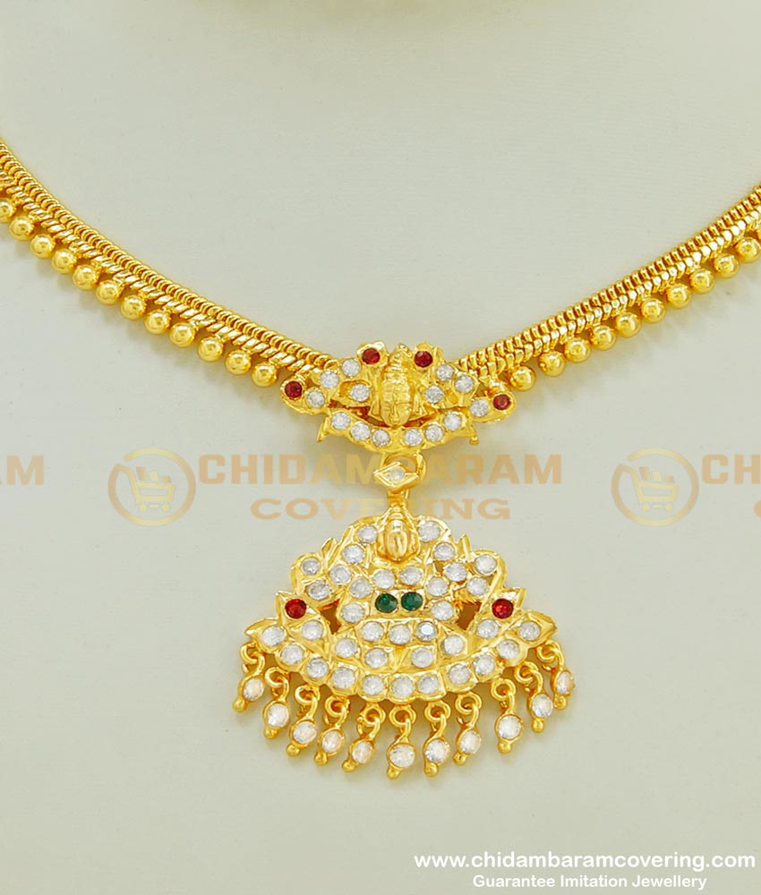 NLC404 - Real Gold Design Multi Stone Lakshmi Dollar with Golden Beads Chain Attigai Necklace Imitation Jewelry 