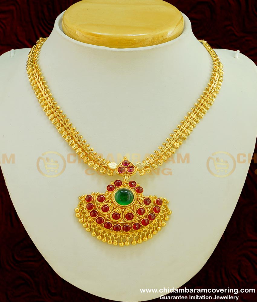 NLC411 - Real Gold Design Bridal Wear First Quality Attractive Impon Ruby Emerald Big Dollar Attigai Necklace Online
