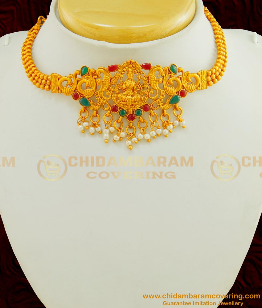 NLC422 - Beautiful Temple Jewellery Lakshmi Design Mini Choker Necklace Buy Online