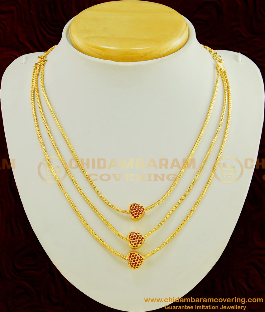 NLC425 - Stylish Party Wear Gold Plated Ruby Stone Heart Pendant Layered Necklace Designs Online