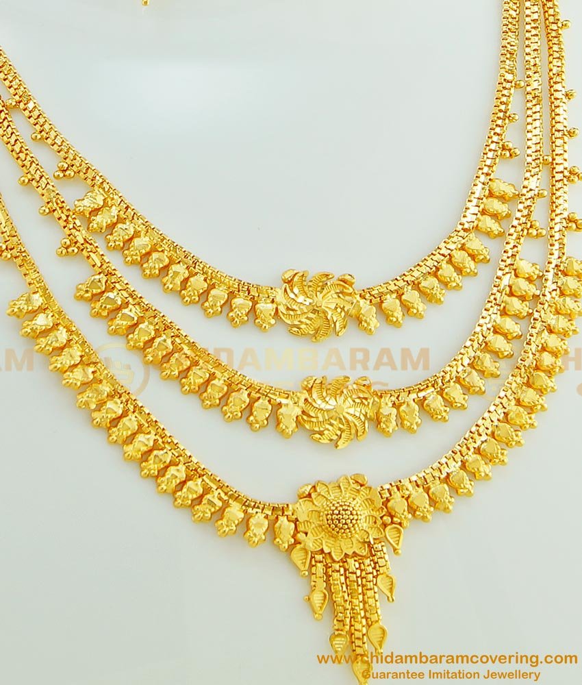 NLC426 - Grand Gold Look Bridal Wear Gold Forming Three Layer Necklace and Earring Set Buy Online