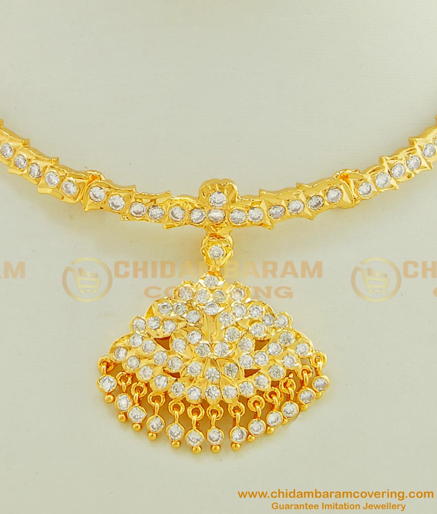 NLC430 - Latest Design Impon Full White Stone Real Gold Design Attigai Necklace for Wedding