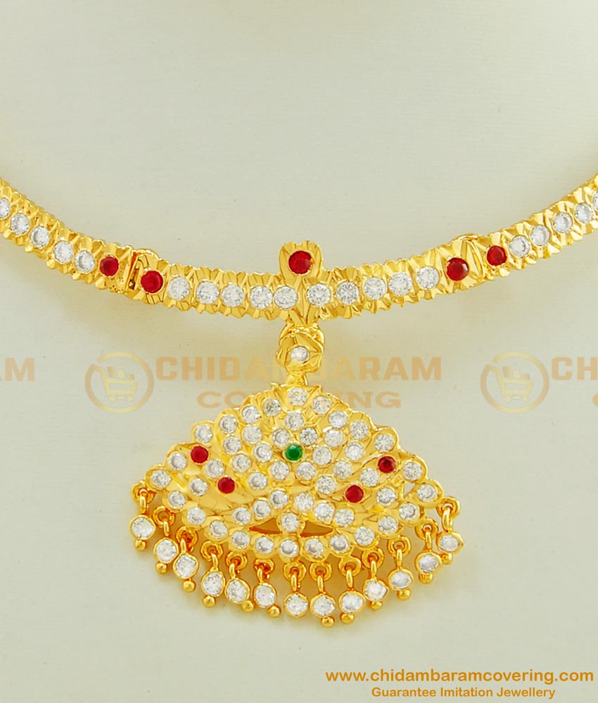 NLC431 - New Design First Quality Impon White And Ruby Stone Real Gold Design Attigai Necklace buy Online 