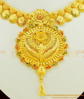 NLC435 - Grand Look Gold Forming Heavy Necklace with Earring Reception Jewellery Set For Bride 