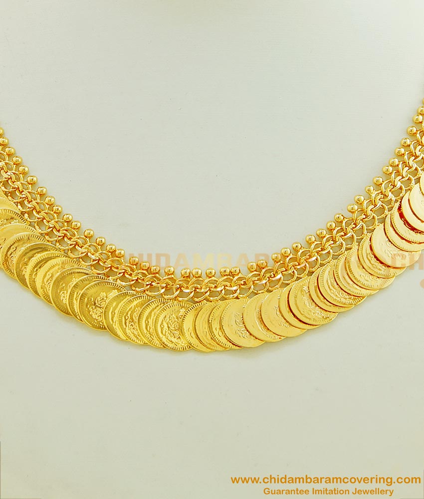 NLC449 - Traditional Gold Plated Lakshmi Kasu Malai Necklace Design for Wedding