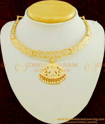 NLC450 - Impon Full White Stone Mango Design with Lakshmi Dollar Attigai Necklace Thick Metal Jewellery Online