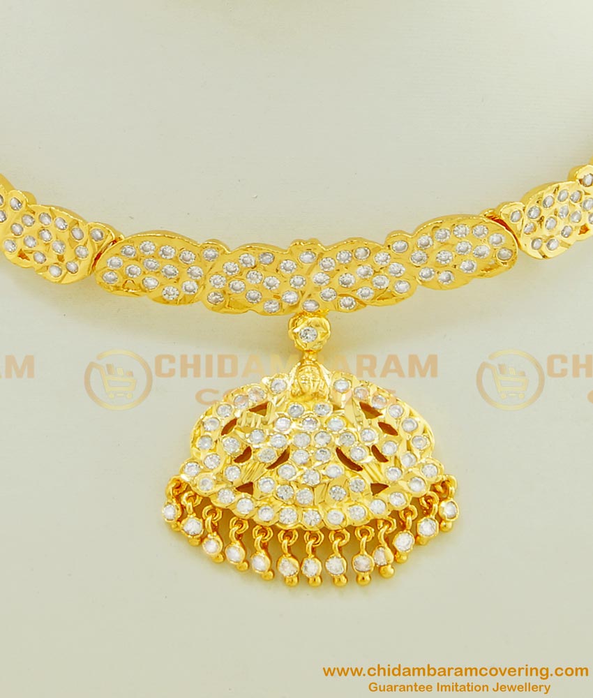 NLC450 - Impon Full White Stone Mango Design with Lakshmi Dollar Attigai Necklace Thick Metal Jewellery Online