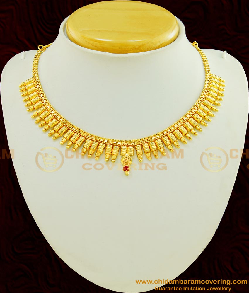 NLC456 - Elegant Kerala Style Party Wear Gold Plated Ruby Stone Short Necklace Design