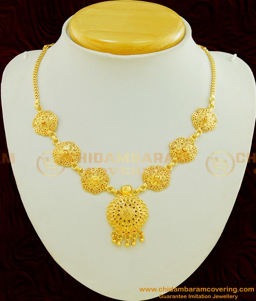 NLC458 - Attractive Gold Plated Kerala Net Flower Design Plain Necklace Imitation Jewellery