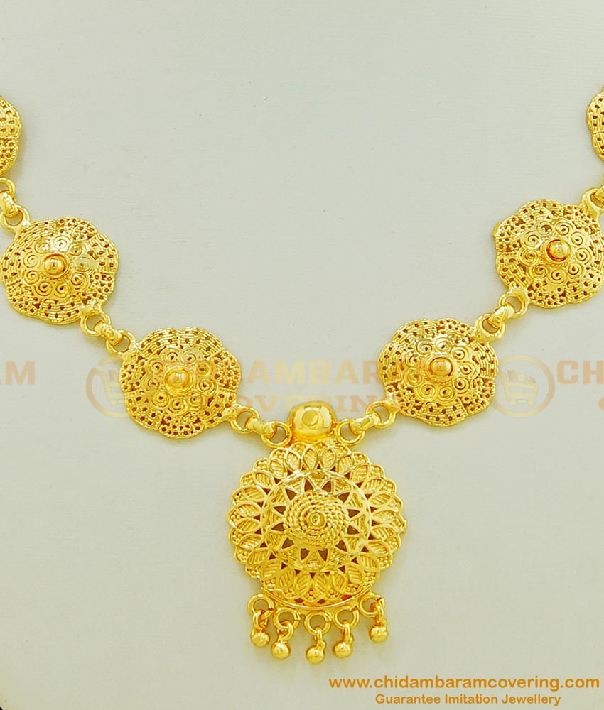 NLC458 - Attractive Gold Plated Kerala Net Flower Design Plain Necklace Imitation Jewellery
