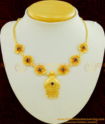 NLC459 - Unique Party Wear Ruby Stone Flower Design Short Necklace for Women