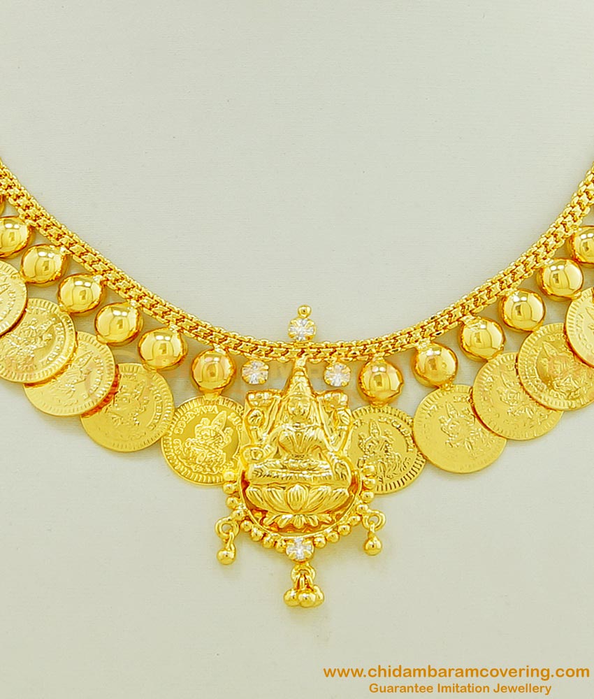 NLC462 - New One Gram Gold Ad Stone Lakshmi Design Gold Kasu Mala Necklace for Wedding