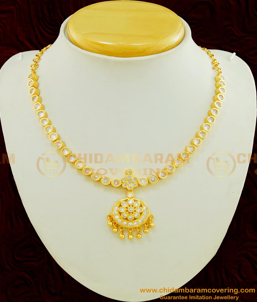 NLC466 - Traditional Impon Attigai White Stone Imitation Necklace Low Price Buy Online