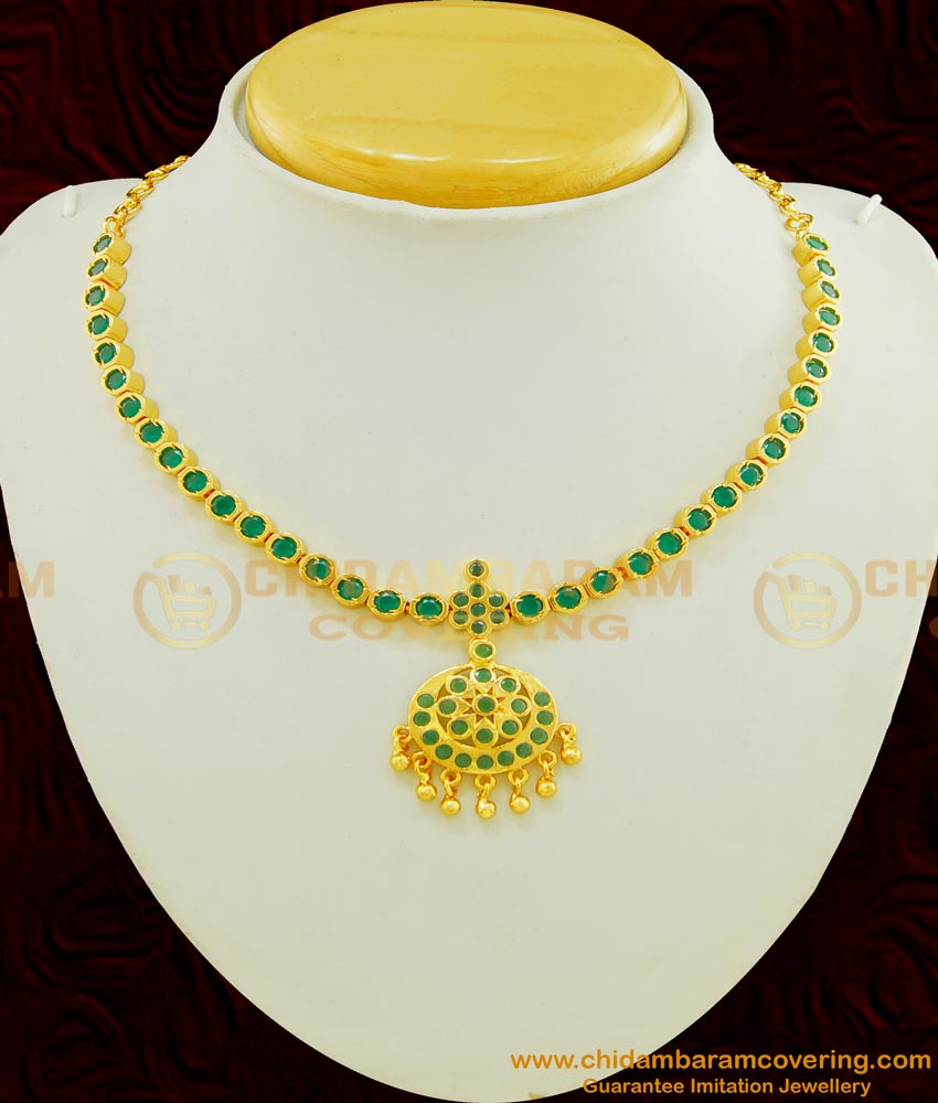 NLC467 - High Quality full Emerald Stone Flower Design Attigai Green Stone Necklace Online 