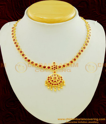 NLC468 - Traditional Full Red Stone Flower Design Attigai High Quality Necklace Online