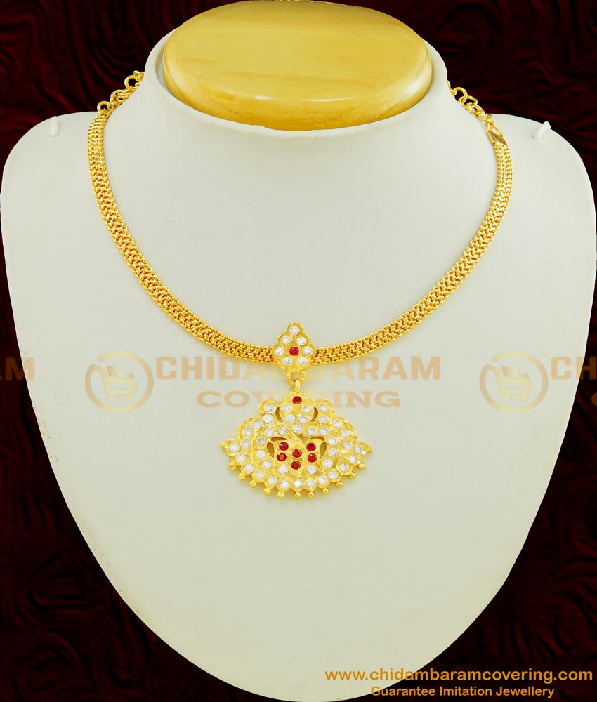NLC470 - Five Metal White and Ruby Stone Attigai Necklace One Gram Gold Impon Attigai Online