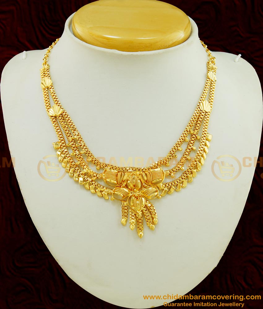NLC481 - Marriage Bridal Gold Necklace Designs 3 Layer Calcutta Necklace Imitation Jewellery 