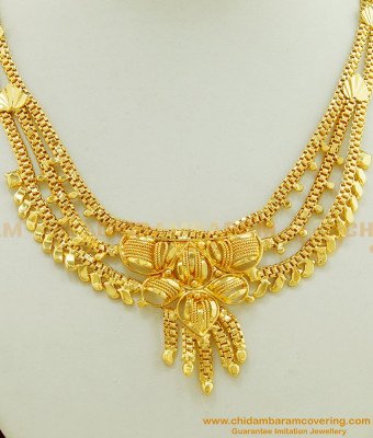 NLC481 - Marriage Bridal Gold Necklace Designs 3 Layer Calcutta Necklace Imitation Jewellery 