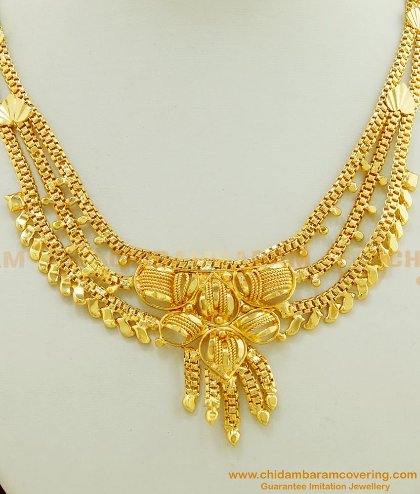 NLC481 - Marriage Bridal Gold Necklace Designs 3 Layer Calcutta Necklace Imitation Jewellery 
