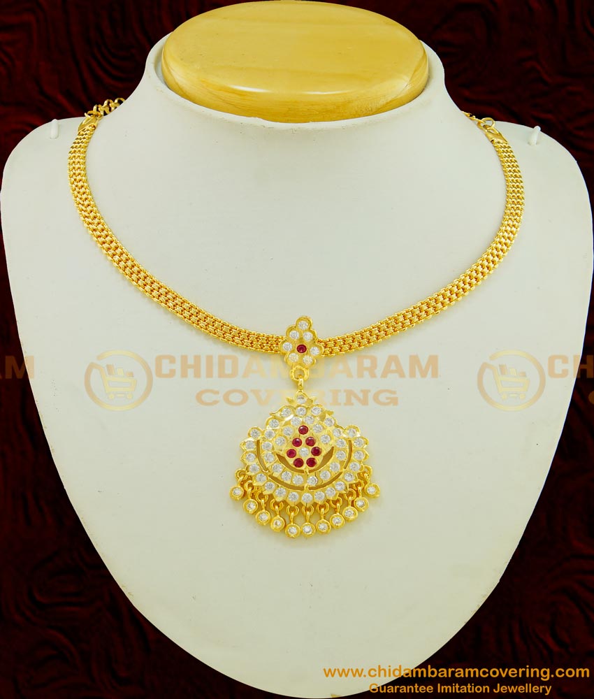NLC489 - Wedding Impon Necklace Red and White Stone Gold Impon Attigai Collections 