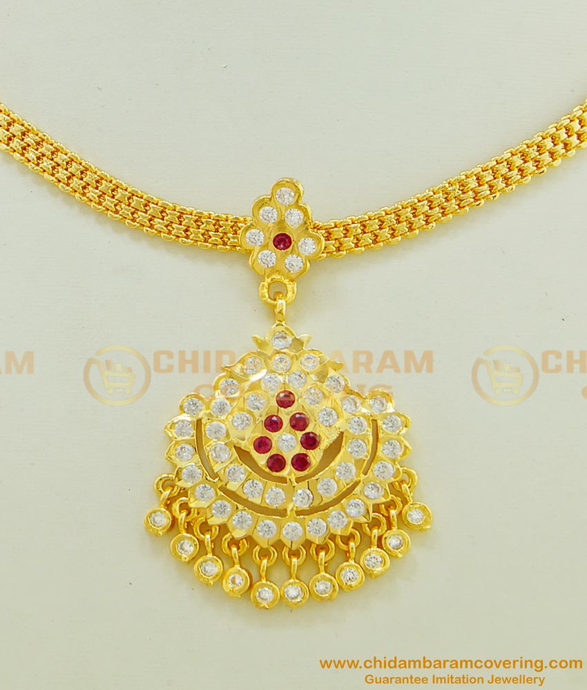 NLC489 - Wedding Impon Necklace Red and White Stone Gold Impon Attigai Collections 
