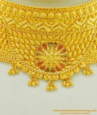 NLC494 - Bridal Wear One Gram Gold Enamel Flower Design Choker Necklace Indian Wedding Jewellery  