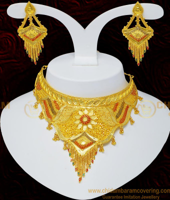 NLC495 - Traditional Gold Choker Design Forming Gold Plated Necklace with Long Earring Indian Choker Necklace Set 