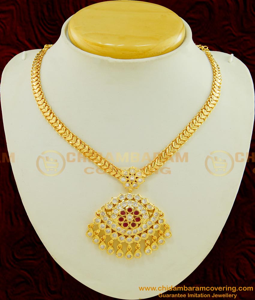 NLC496 - Beautiful Design Ad Stone Big Dollar Impon Attigai Necklace Online