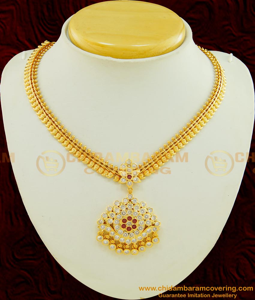 NLC498 - Impon Gold Finish Mango Design Stone Attigai Necklace for Women