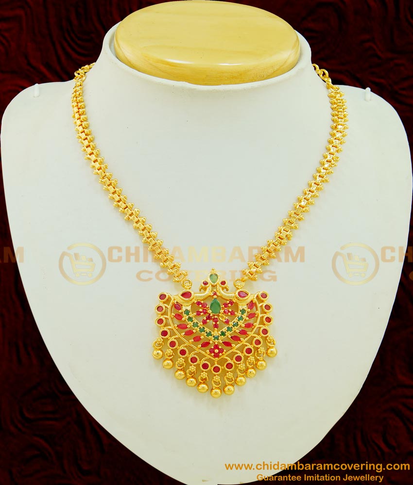 NLC504 - Latest Ad Multi Stone Peacock Design One Gram Gold Plated Necklace Buy Online