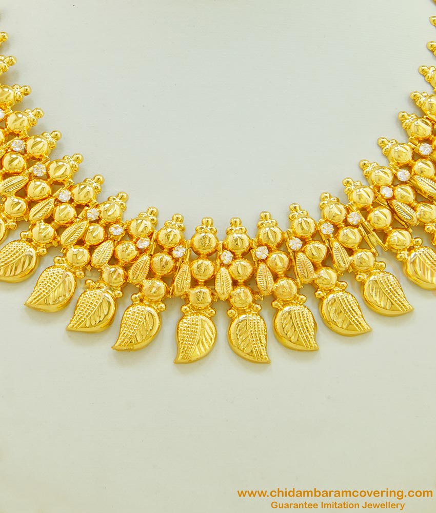 NLC506 - Wedding Collections Kerala Gold White Stone Necklace Design Imitation Jewellery Online   