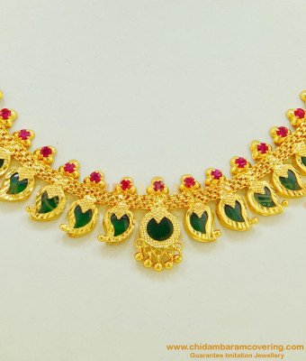 NLC507 - Attractive Real Gold Design Kerala Traditional Full Neck Green Palaka Mango Necklace Design Buy Online