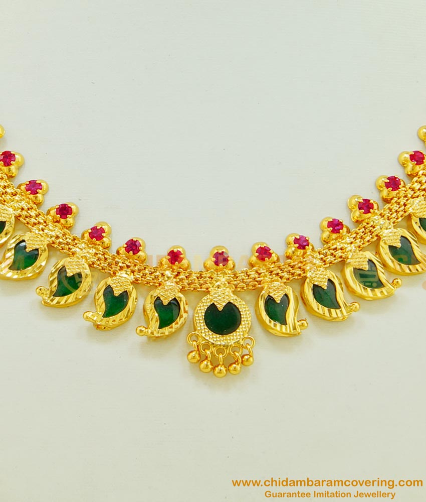 NLC507 - Attractive Real Gold Design Kerala Traditional Full Neck Green Palaka Mango Necklace Design Buy Online