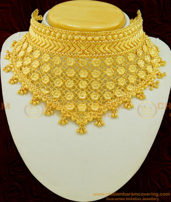 NLC520 - Stunning Gold Beautiful Flower Design Modern Indian Bridal Choker Necklace for Lehenga  