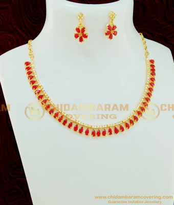 NLC522 - Simple Ruby Stone Party Wear Necklace Gold Plated Ruby Stone Necklace Set Online