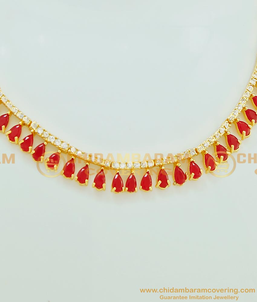 NLC522 - Simple Ruby Stone Party Wear Necklace Gold Plated Ruby Stone Necklace Set Online