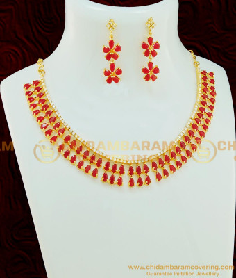 NLC523 - One Gram Gold Ruby Stone Necklace with Earring Party Wear Full Ruby Red Stone Necklace Set 