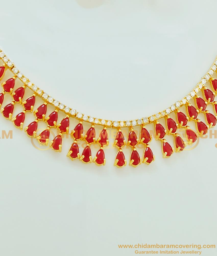 NLC523 - One Gram Gold Ruby Stone Necklace with Earring Party Wear Full Ruby Red Stone Necklace Set 