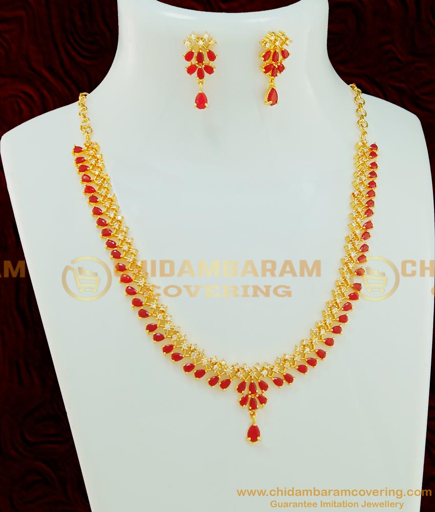 NLC524 - New Arrival Chidambaram Covering Light Weight Ruby Gold Necklace Design with Cute Earring Set for Ladies  
