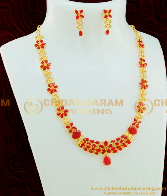 NLC525 - Elegant Flower Design U Shape American Diamond Gold Ruby Stone Necklace Earring Combo Set at Low Price