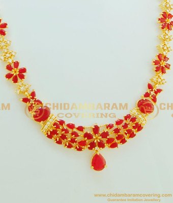 NLC525 - Elegant Flower Design U Shape American Diamond Gold Ruby Stone Necklace Earring Combo Set at Low Price