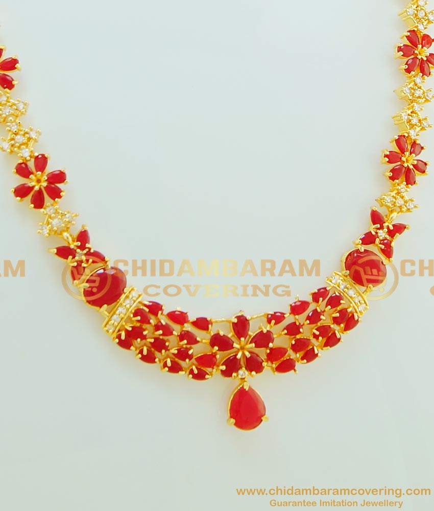 NLC525 - Elegant Flower Design U Shape American Diamond Gold Ruby Stone Necklace Earring Combo Set at Low Price