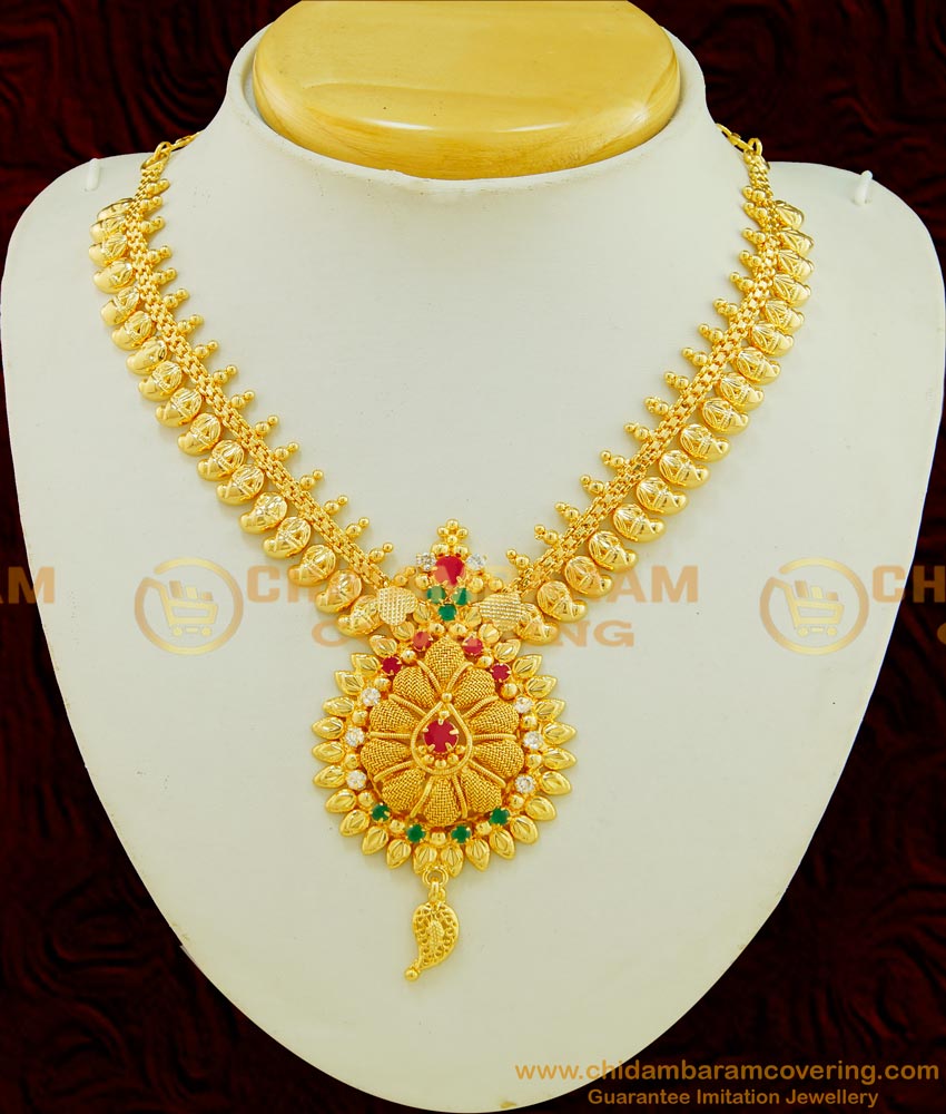 NLC527 - Semi Precious One Gram Gold Plated First Quality Multi Stone Gold Mango Design Necklace