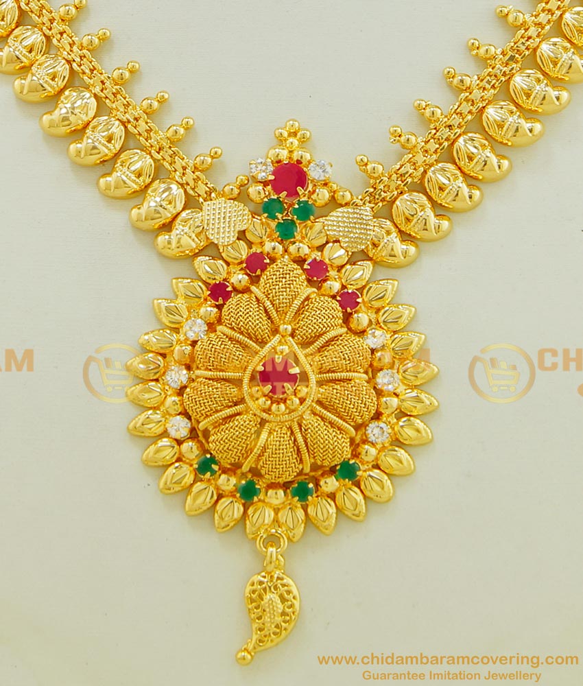NLC527 - Semi Precious One Gram Gold Plated First Quality Multi Stone Gold Mango Design Necklace