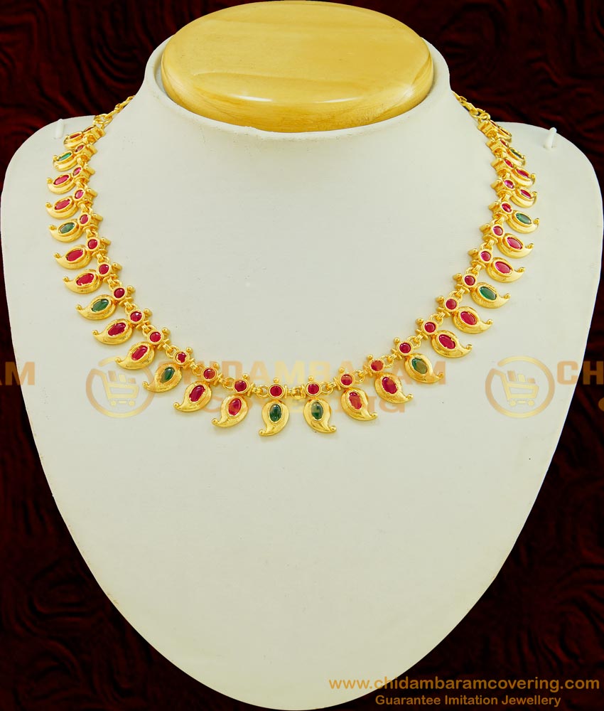 NLC531 - Latest High Quality Gold Plated Ruby Emerald Mango Design Necklace Kerala Jewellery Online