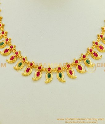 NLC531 - Latest High Quality Gold Plated Ruby Emerald Mango Design Necklace Kerala Jewellery Online