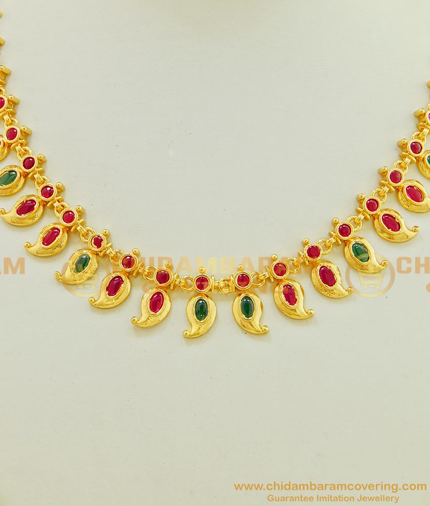 NLC531 - Latest High Quality Gold Plated Ruby Emerald Mango Design Necklace Kerala Jewellery Online