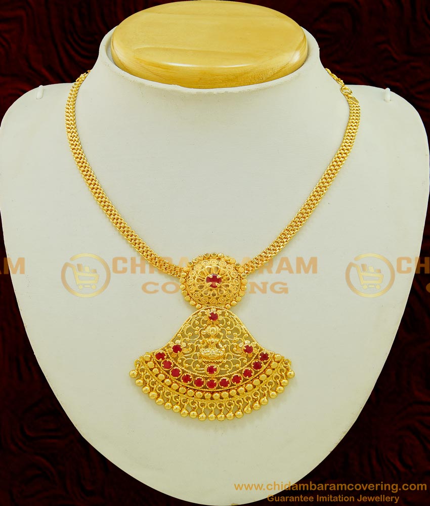 NLC534 - Latest Lakshmi Design Ruby Stone Marriage Bridal Gold Necklace Design Online