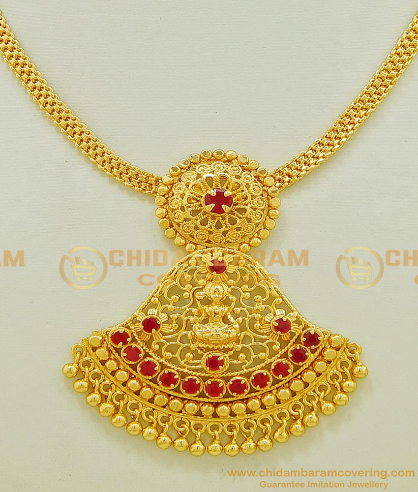 NLC534 - Latest Lakshmi Design Ruby Stone Marriage Bridal Gold Necklace Design Online