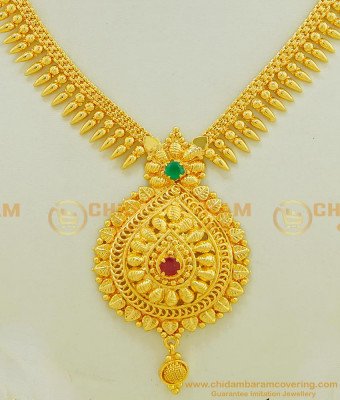 NLC536 - One Gram Gold Plated Semi Precious Ruby Emerald Stone Mullapoo Necklace for Women